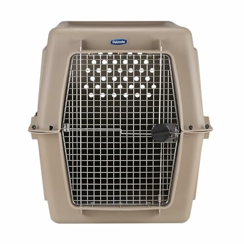 Tan plastic pet carrier with metal door